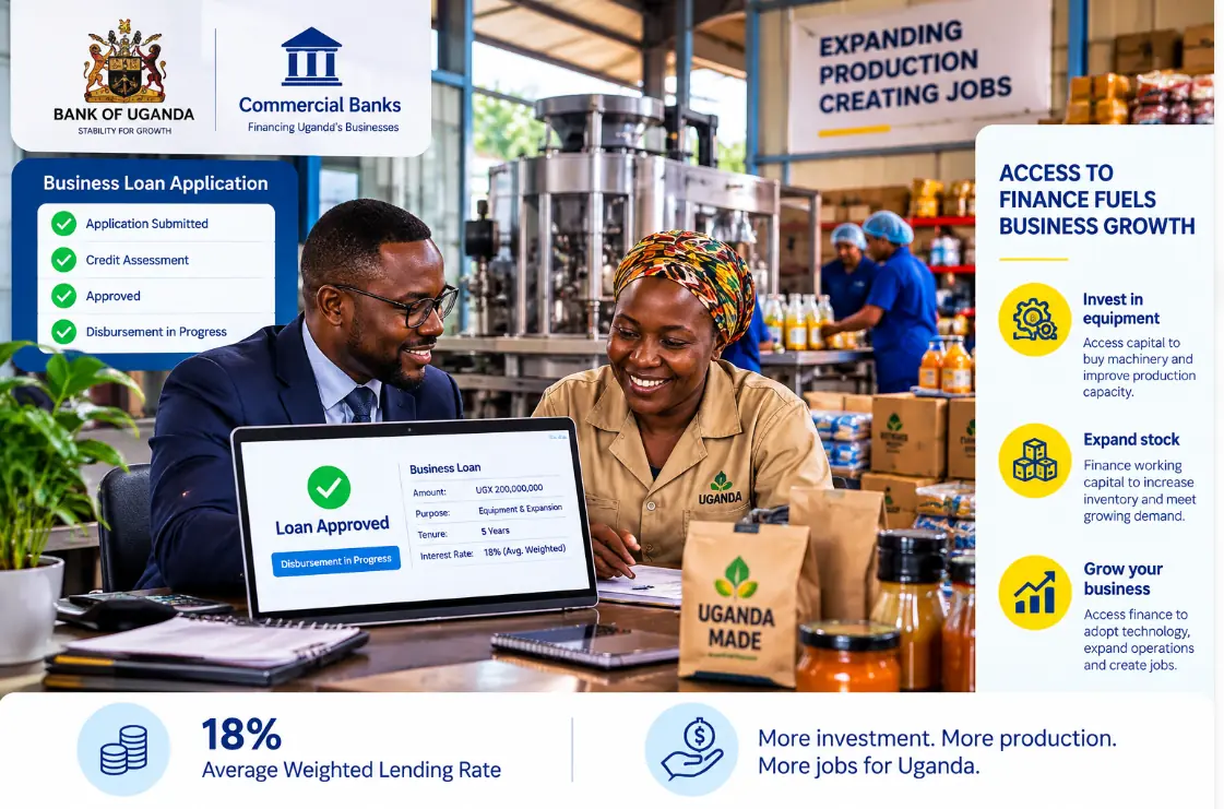 A Ugandan entrepreneur and a bank officer reviewing an approved business loan, with a production floor in the background.