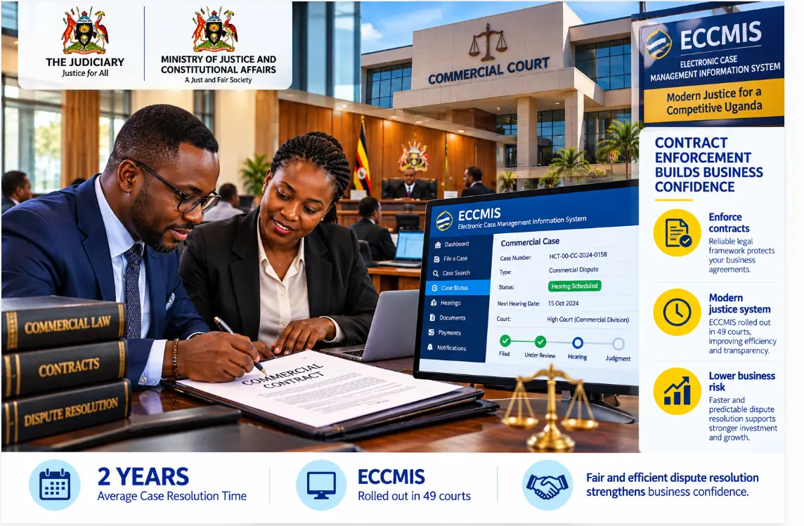 Business people signing a commercial contract at the Commercial Court, with the ECCMIS electronic case management system showing case status.