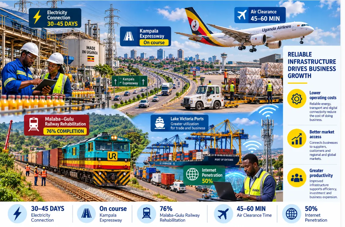 Uganda’s infrastructure network: a factory connected to electricity, the Kampala Expressway, the Malaba–Gulu railway, air cargo, Lake Victoria ports and internet connectivity.