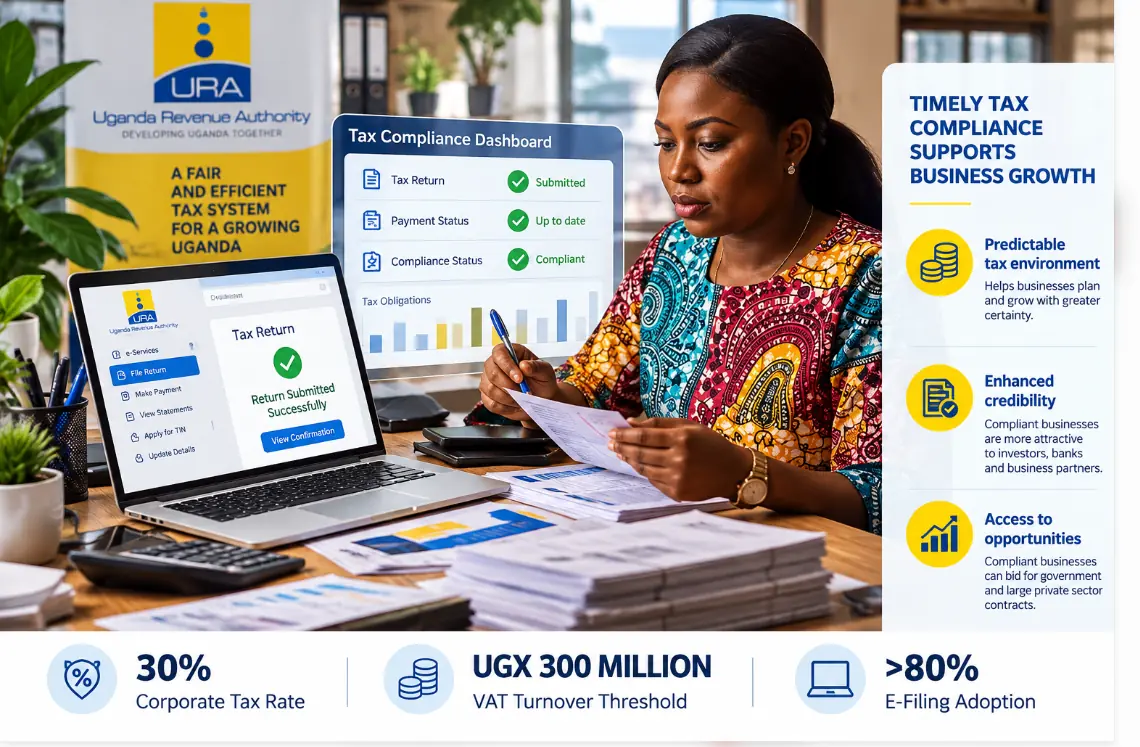 A Ugandan business owner filing taxes online with URA, with a tax compliance dashboard showing return submitted, payment up to date and compliant.